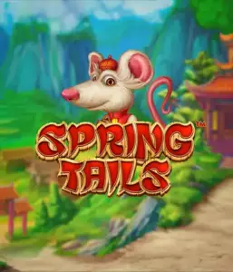 A whimsical illustration of a mouse wearing a red traditional Chinese outfit positioned in front of a picturesque mountain backdrop. The image is for the Spring Tails game by Betsoft, highlighted with prominent gold and red logo lettering.