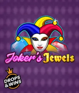 Discover the playful ambiance of the Joker's Jewels game by Pragmatic Play, showcasing a mesmerizing joker's mask embellished with a brightly colored jester hat. This graphic evokes the light-hearted fun of casino gaming, set against a deep purple background. Great for fans of joker-themed slots, delivering a entertaining gaming experience. 