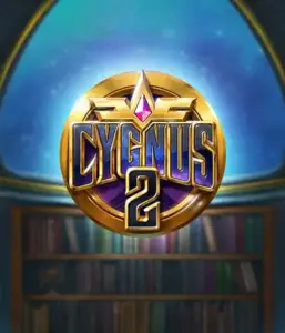 Explore the magical visuals of Cygnus 2 Slot by ELK Studios, featuring a stunning golden emblem with a vibrant purple and gold design. Set against a celestial background of a library, this image conjures the theme of exploration and mystery. 